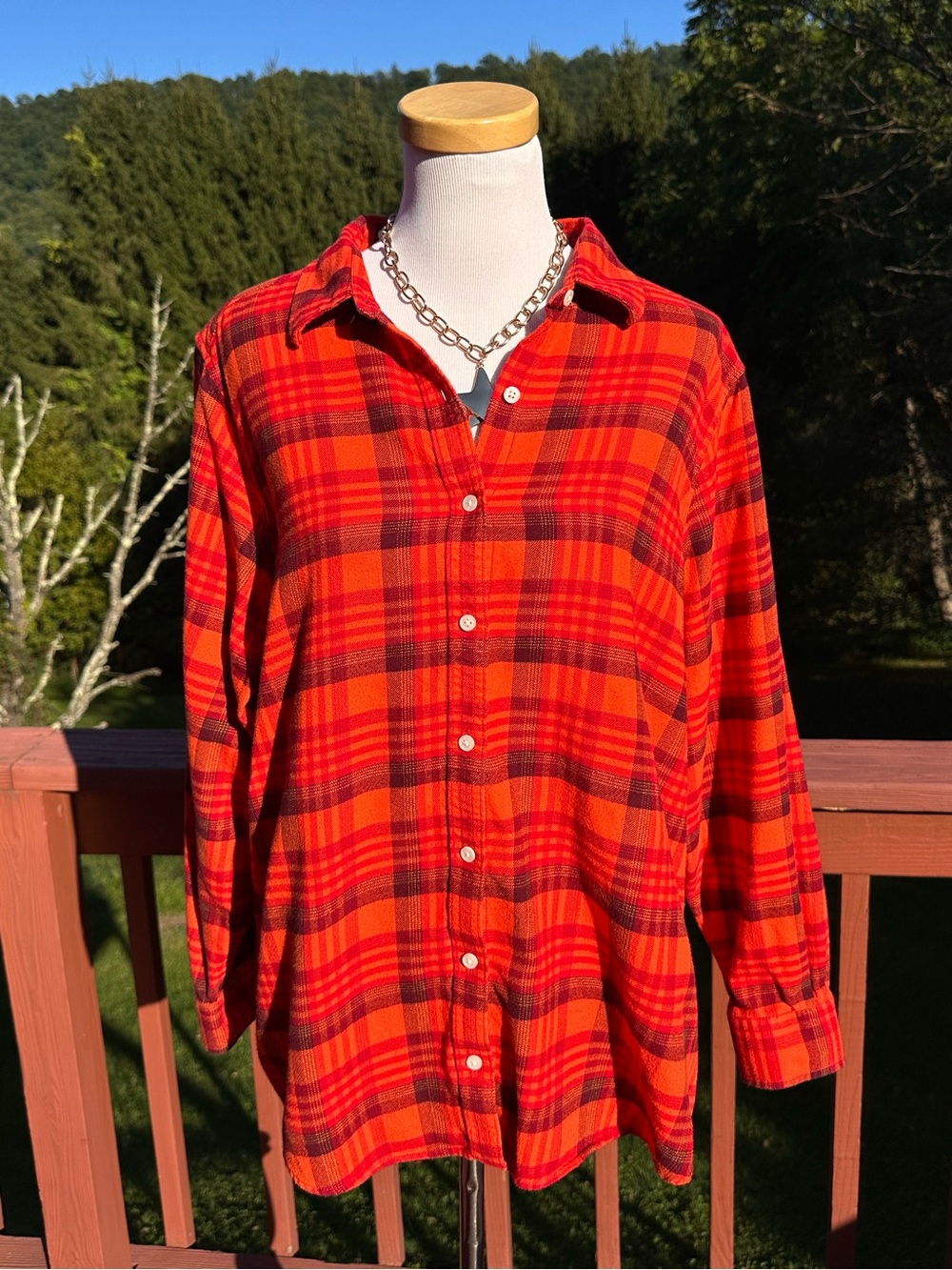 Lands' End Orange & Brown Plaid Flannel Button-Down Shirt